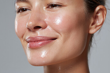 Fototapeta premium Glowing skin hydrated skin dewy skin close up female face skincare routine natural complexion moisture radiant cheek smooth texture