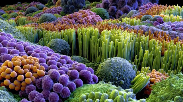 Diverse microscopic biological structures display vivid colors across an uneven landscape