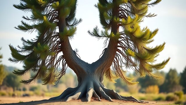 unison. Two cypress trees with intertwined trunks growing from a single root, swaying in the wind. gardening catalogs, home-decor guides, designed for home decor and floral branding.