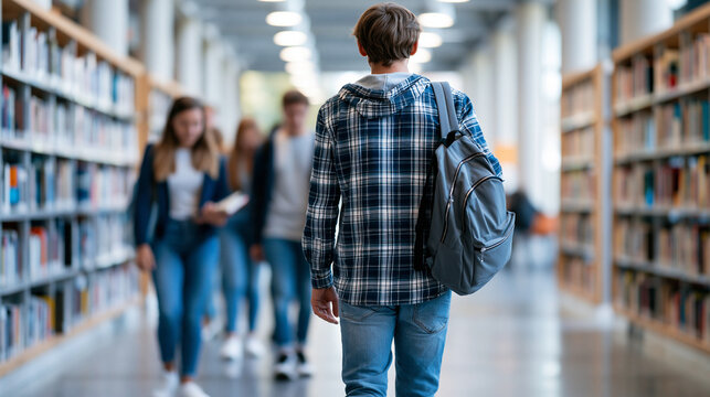Anonymous group of students walking through a university library interior, campus navigation and academic environment concept, faceless, defocused, with copy space
