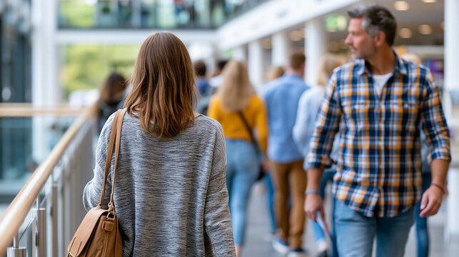 Anonymous group of students walking through a university library interior, campus navigation and academic environment concept, faceless, defocused, with copy space