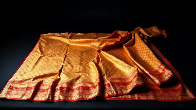 chador. Traditional Assamese silk garment with gold and red patterns on dark background. event programs, museum guides, designed for cultural heritage projects and event programs.