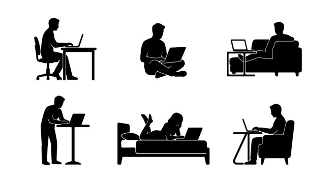 Remote work silhouette set with people using laptops, freelance workers at home office vector, 6 icons of men and women working on computers