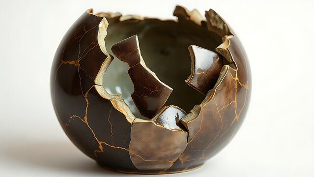 bennington. Shattered ceramic vase repaired with golden lacquer, kintsugi art on simple background. event programs, museum guides, designed for cultural heritage projects and event programs.