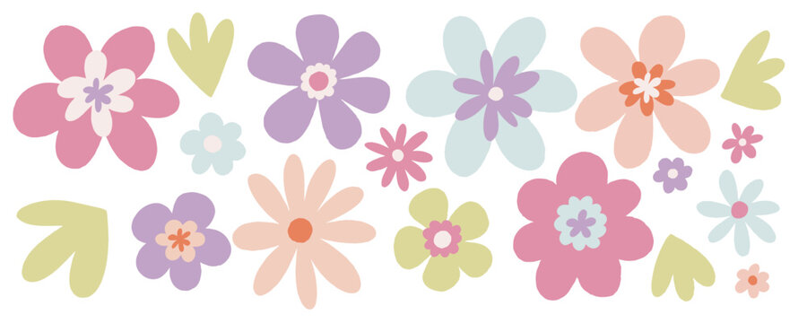 flower floral blossom pastel retro daisy with leaf and garden detail. Spring clipart for nursery art and scrapbook craft by soft handmade style. Cute flower element on white background.