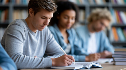 Obraz premium Anonymous diverse group of students studying together in a library, collaborative learning and academic project concept, faceless, defocused bookshelf background, with copy space