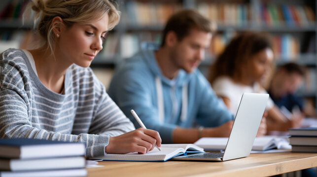 Anonymous diverse group of young adults studying together in a library, collaborative learning and academic session concept, faceless, defocused, with copy space