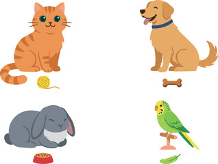 Fototapeta premium Cute domestic pets vector illustration set featuring a happy kitten, puppy dog, fluffy rabbit bunny, and a green budgie parrot with their favorite food and toys.