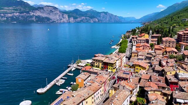 Aerial view of Brenzone sul Garda on the shore of Lake Garda in the Province of Verona, region Veneto, Italy.