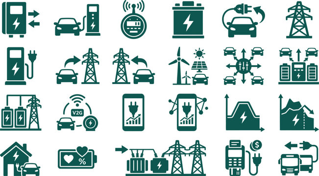 Future vehicle to grid technology ev charging infrastructure icons group displaying bidirectional chargers solid state batteries smart meters grid power