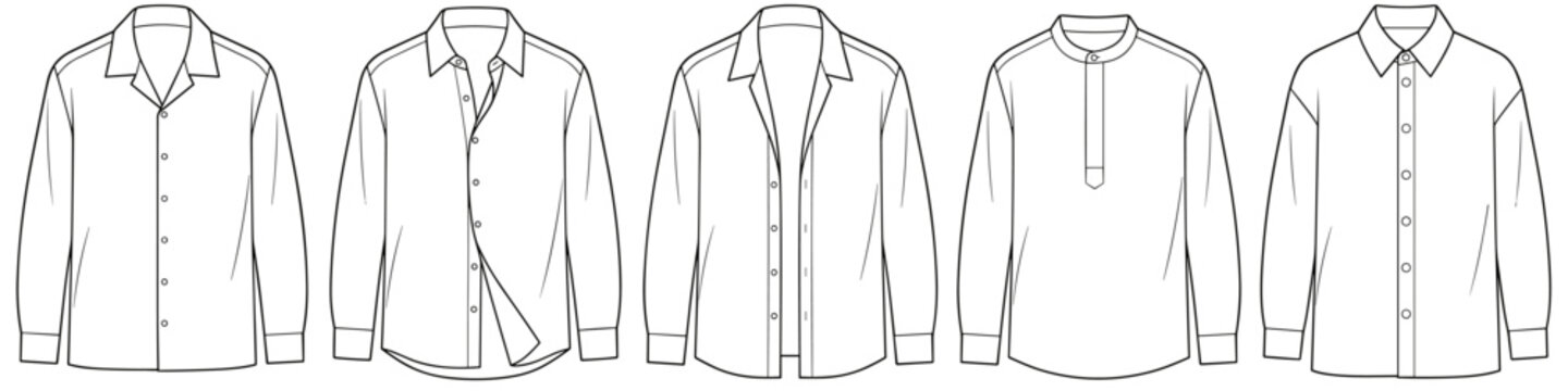 flat sketch set of mens camp collar and popover long sleeve shirts vector illustration