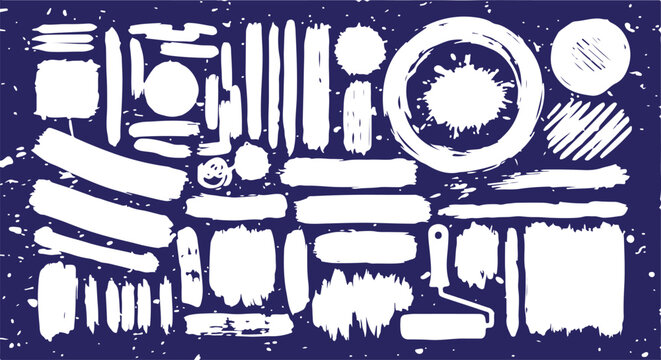 A set of white, distressed paint roller marks and various grunge brush strokes on a textured deep blue background.