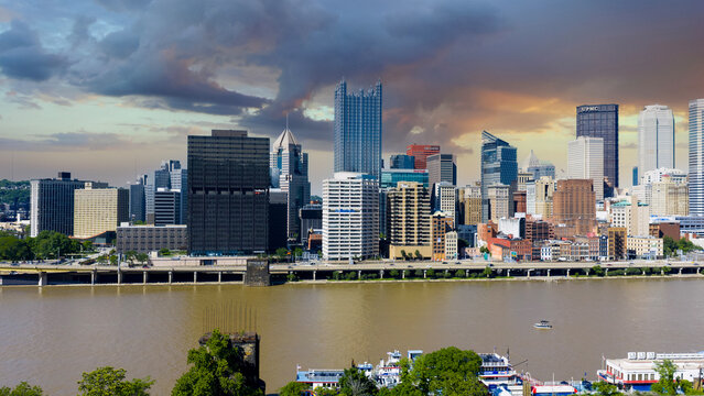 Aerial shot of Skyscrapers and office buildings in the skyline in Pittsburgh Pennsylvania USA