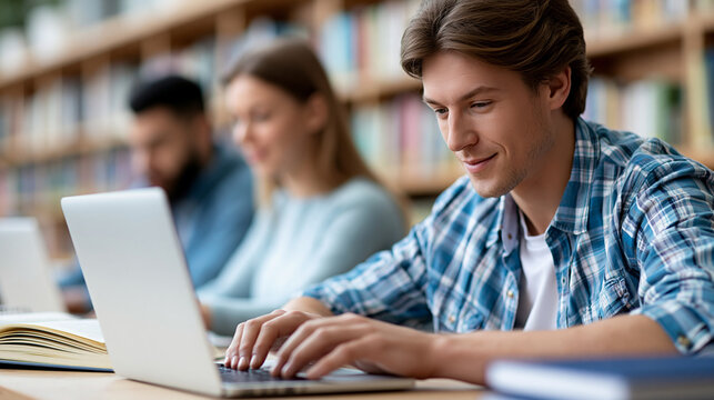 Anonymous study group with laptops and smiles in a library for research and scholarship, happy university friends on a college campus concept, faceless, defocused, with copy space