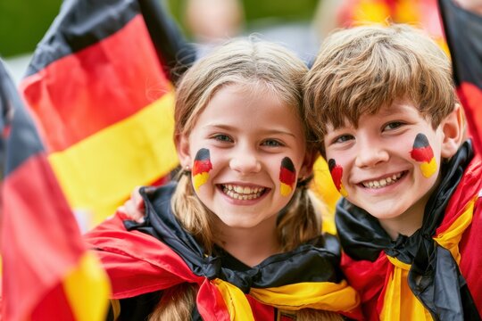 German children football supporters waving national flags, face paint, joyful smiles,championship atmosphere 