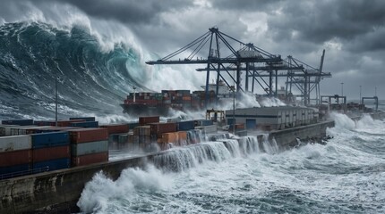Fototapeta na wymiar Massive ocean wave crashes against cargo ship dock during stormy weather with dark clouds and turbulent sea. Concept of natural disasters, tsunami impact after earthquake, coastal destruction