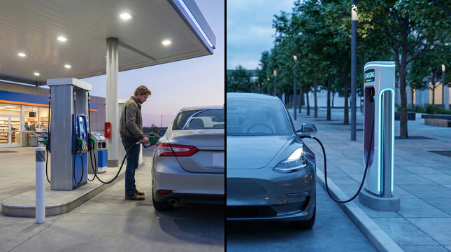 Man refuels gasoline car at service station while electric vehicle charges at modern charging station. Concept of energy transition, decline of the oil industry, decarbonization strategies