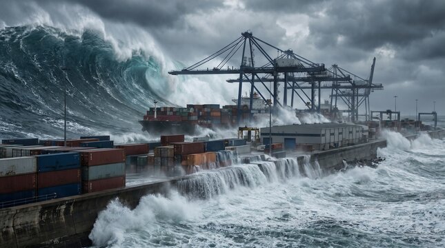 Massive ocean wave crashes against cargo ship dock during stormy weather with dark clouds and turbulent sea. Concept of natural disasters, tsunami impact after earthquake, coastal destruction