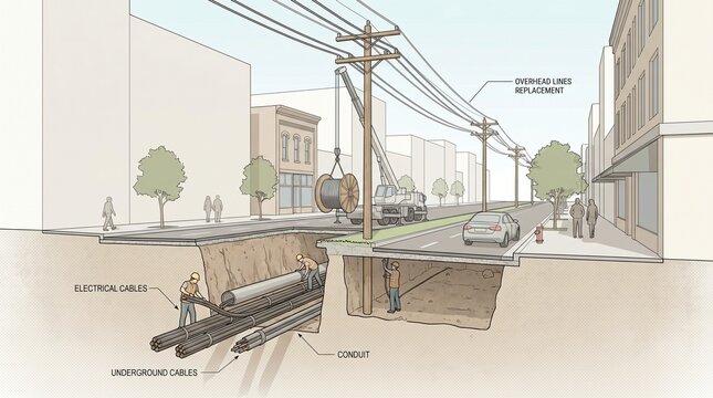 Urban utility work showing underground cables, conduit installation and overhead lines replacement in a street. Concept of energy crisis, transition from underground cables to overhead power lines