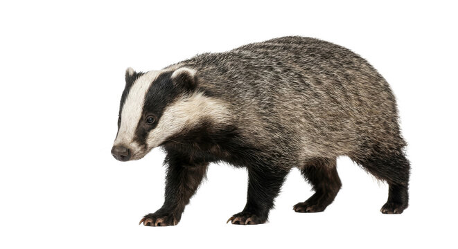 European badger walking with distinctive black and white facial markings