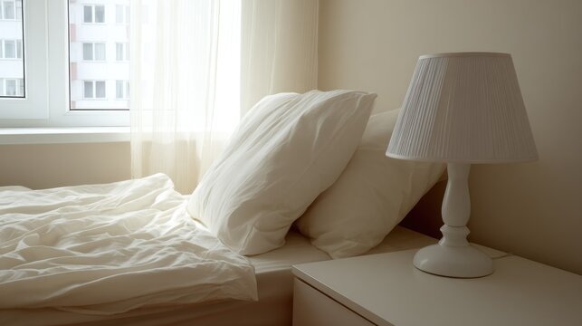 Unmade white bedding illuminated by soft natural light next to a window