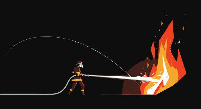 A brave firefighter using a high pressure hose to extinguish a large burning fire.