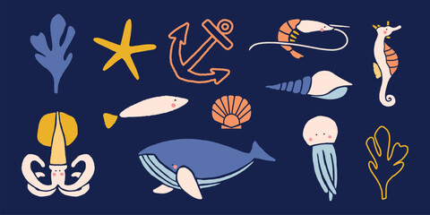 Vector sea life set with whale, fish, jellyfish, seahorse and coral on dark blue © Rawpixel.com