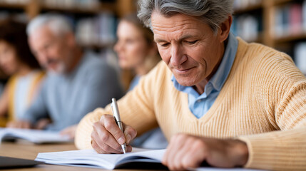 Fototapeta premium Anonymous older adult collaborating with a study group in a library, sharing insights and preparing for exams together, lifelong learning concept, faceless, defocused, with copy