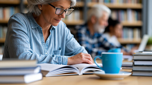 Anonymous older adult collaborating with a study group in a library, sharing insights and preparing for exams together, lifelong learning concept, faceless, defocused, with copy