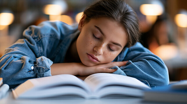 Anonymous student falling asleep over an open textbook in a quiet corner of a library during a late-night study session, academic exhaustion and campus life concept, faceless,
