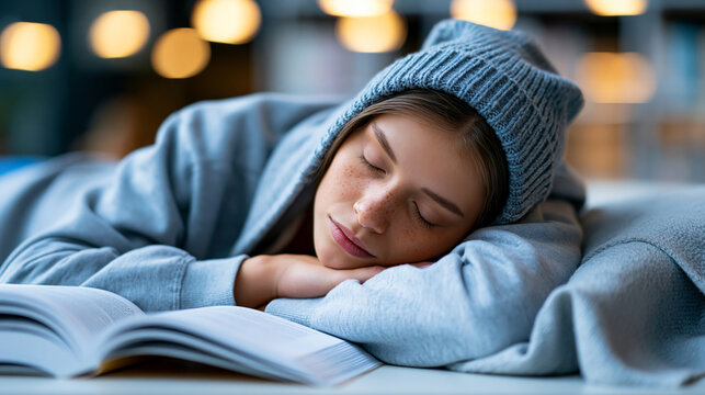 Anonymous student falling asleep over an open textbook in a quiet corner of a library during a late-night study session, academic exhaustion and campus life concept, faceless,