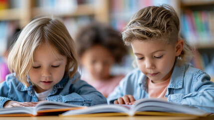 Fototapeta premium Anonymous small group of diverse young children reading storybooks together at a low study desk in an elementary library corner, early education concept, faceless, defocused, with