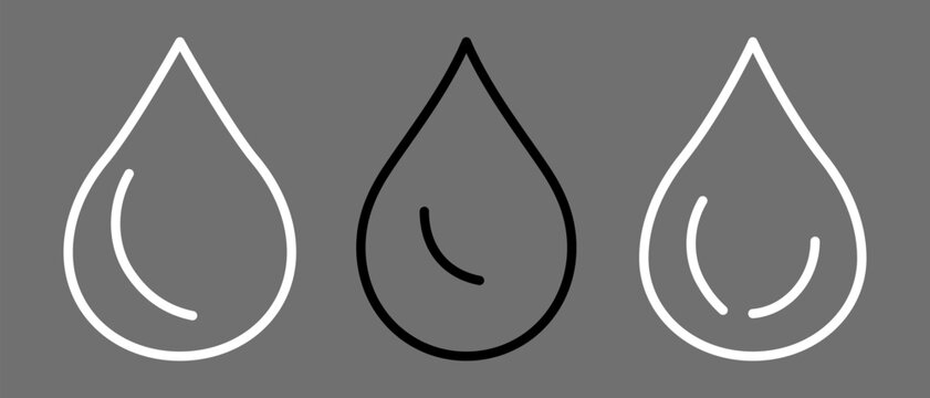 Water drop line icons set on gray background minimalist teardrop outline symbols black and white liquid droplet vector signs for weather, nature, or eco design