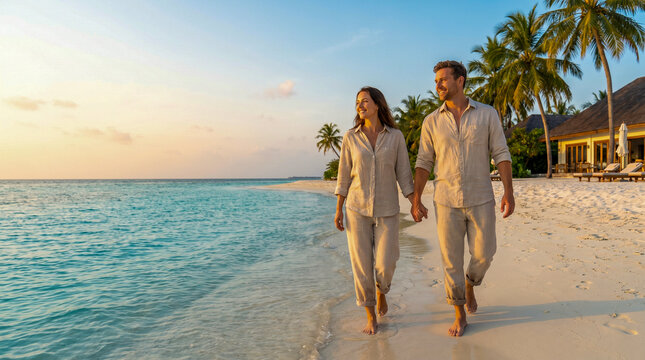 Pareja disfrutando de una playa tropical al atardecer con aguas cristalinas y ambiente exclusivo de vacaciones.