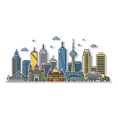 Obraz premium Colorful city skyline illustration with modern buildings.