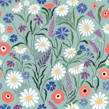 Seamless pattern with delicate wildflowers inspired by a blooming meadow. Perfect for summer textiles, wallpapers, wrapping paper, stationery, and nature-themed design projects.