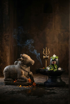 Sacred stone statue of nandi the bull resting faithfully beside the holy shiva lingam honoring almighty mahadev in a mystical temple for maha shivratri devotion