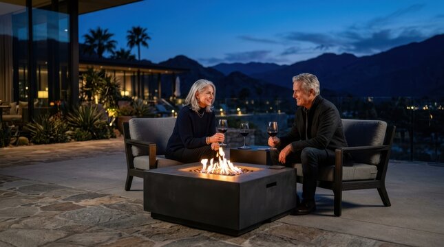 Two mature individuals relaxing by a modern outdoor fire pit at night in a luxury resort, enjoying wine and conversation, concept of peaceful premium retirement and socialization.