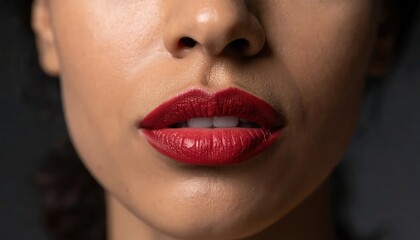Naklejka premium Close-up of woman's face, focusing on red lipstick-covered lips and a portion of the nose