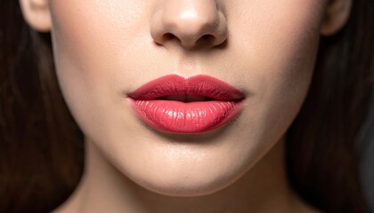 Fototapeta premium Close-up of a woman's full lips with vibrant red lipstick, soft skin