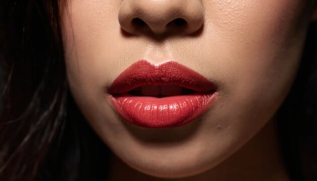 Close-up of a person's red, glossy lips and nose, showcasing detailed skin