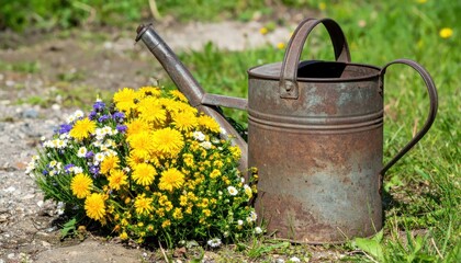 Fototapeta premium A weathered metal watering can rests beside a vibrant bouquet of yellow and white flowers