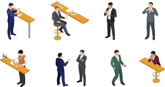 Isometric Businessmen and Bartender Character Vector Set with Bar Counter, Drinking, Talking, and Relaxing Poses for Corporate Party, Networking, and Lounge Designs