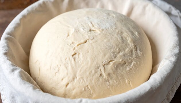 A round, risen dough ball rests in a white, linen-lined proofing basket