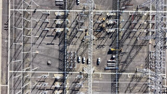 Electrical substation aerial view of high voltage power grid