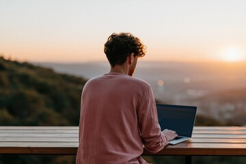 Obraz premium Man working on laptop outdoors at sunset on wooden terrace overlooking hills for remote work background and banner