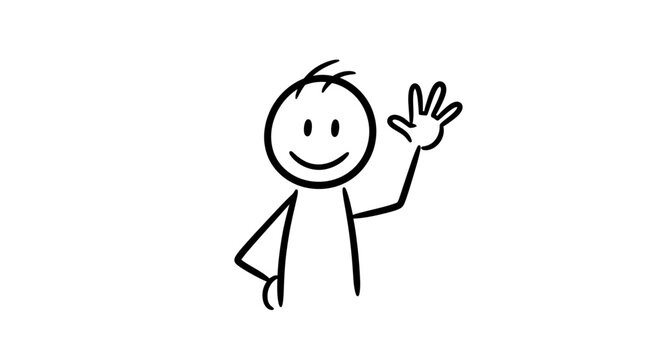 A simple stick figure drawing waving hello with a friendly smile on a white background.