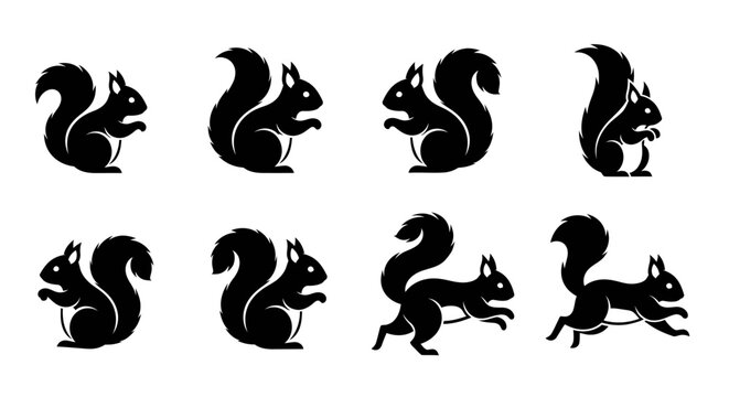 Set of black silhouettes of squirrels in various poses isolated on white background.