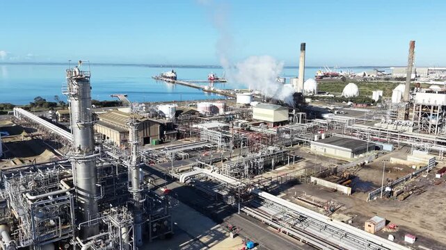 Oil refinery plant aerial view with chimneys emitting smoke