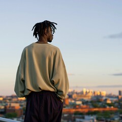 Obraz premium Young man standing on an urban rooftop at golden hour overlooking a city skyline for background and banner design